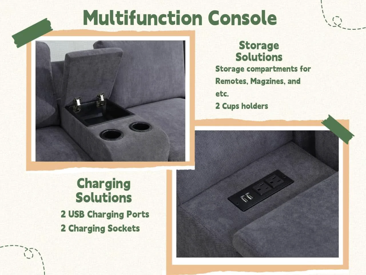 Easy-to-Use Flannel Modular Sectional Sofa With USB Ports Grey Natural