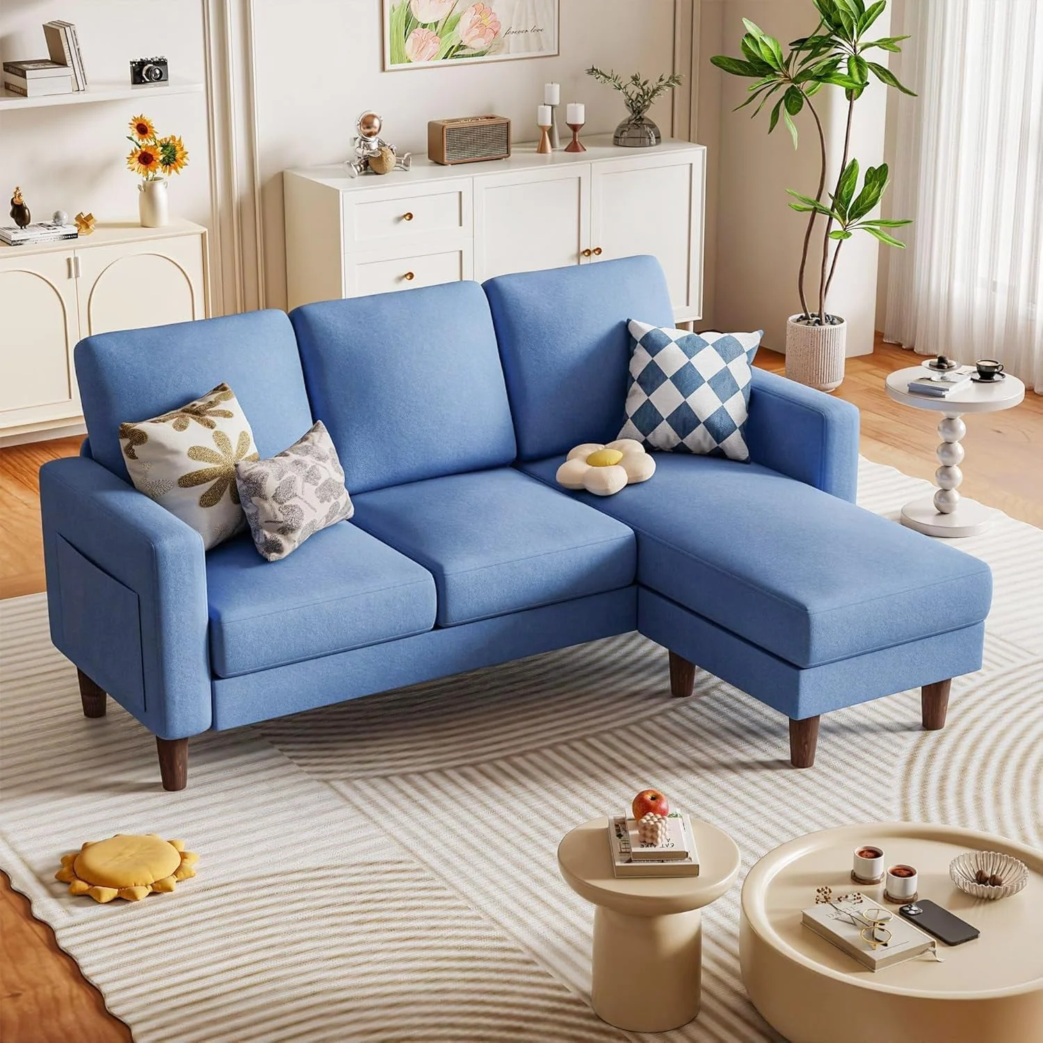 Verified Blue Upholstered L Shaped Movable Sectional Couch Ottoman Luxury