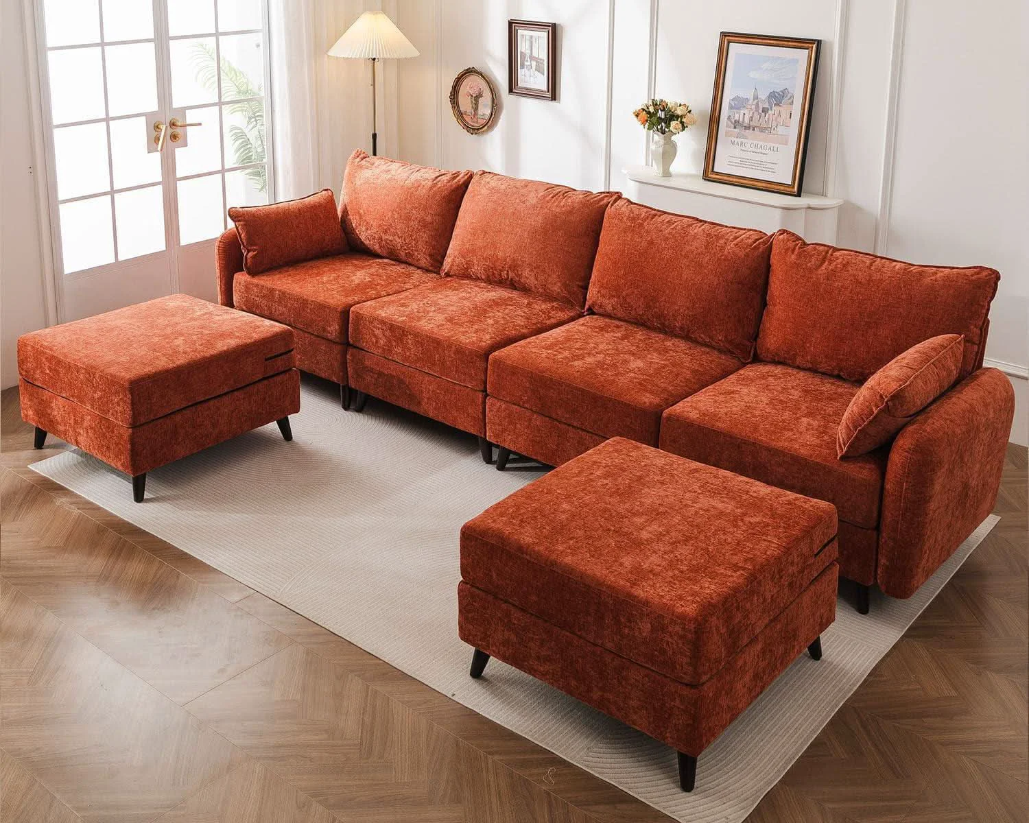 Secure Velvet Orange 135 Modular Sectional Sofa Storage Ottoman Stylish