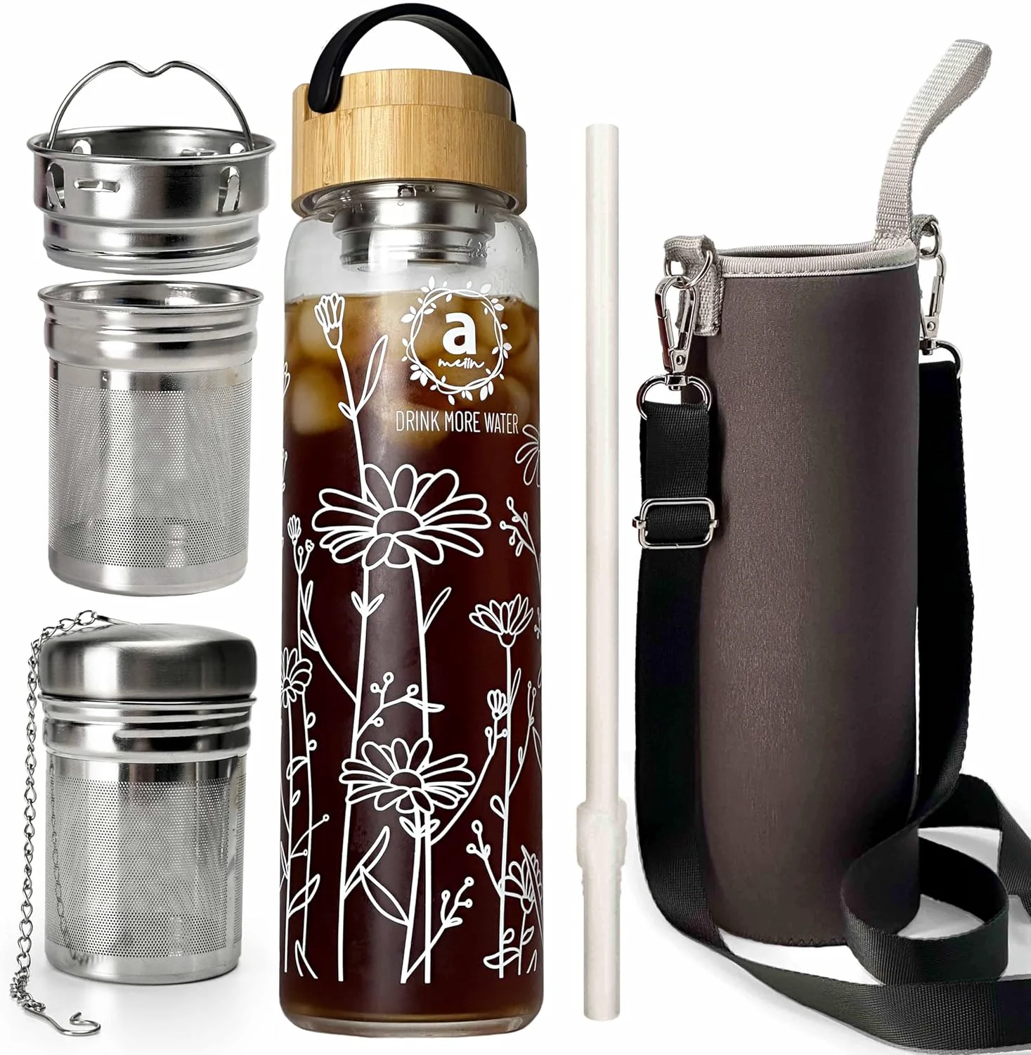 World-Class 32oz Borosilicate Glass Water Bottle with Bamboo Lid and 2 Tea Infuser Sets for Fruit Infused Water and Cold Brew Coffee Specialty