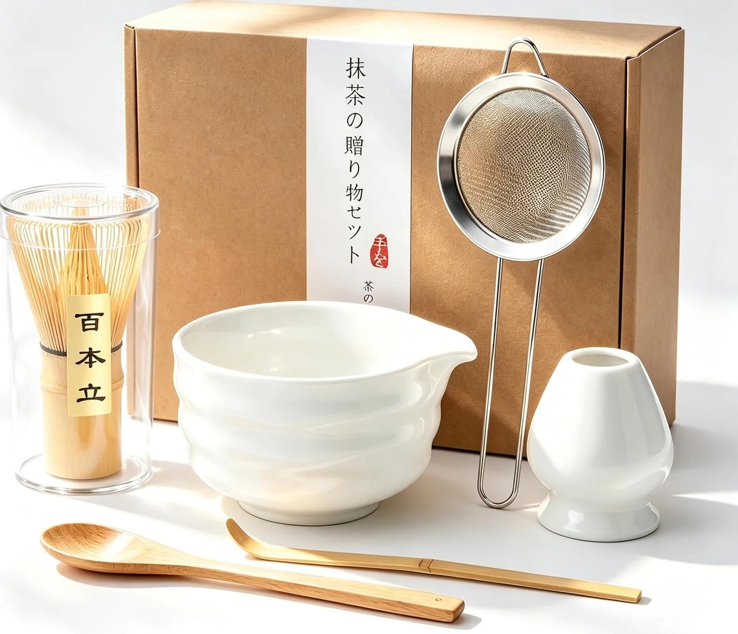 Prestigious 6 Pcs Matcha Set – Matcha Whisk Set amp Matcha Bowl Set with Bamboo Scoop Stainless Steel Sifter 19 oz Ceramic Pouring Bowl Matcha Spoon Whisk Holder – Japanese Tea Ceremony Kit for Gifts White Lightweight