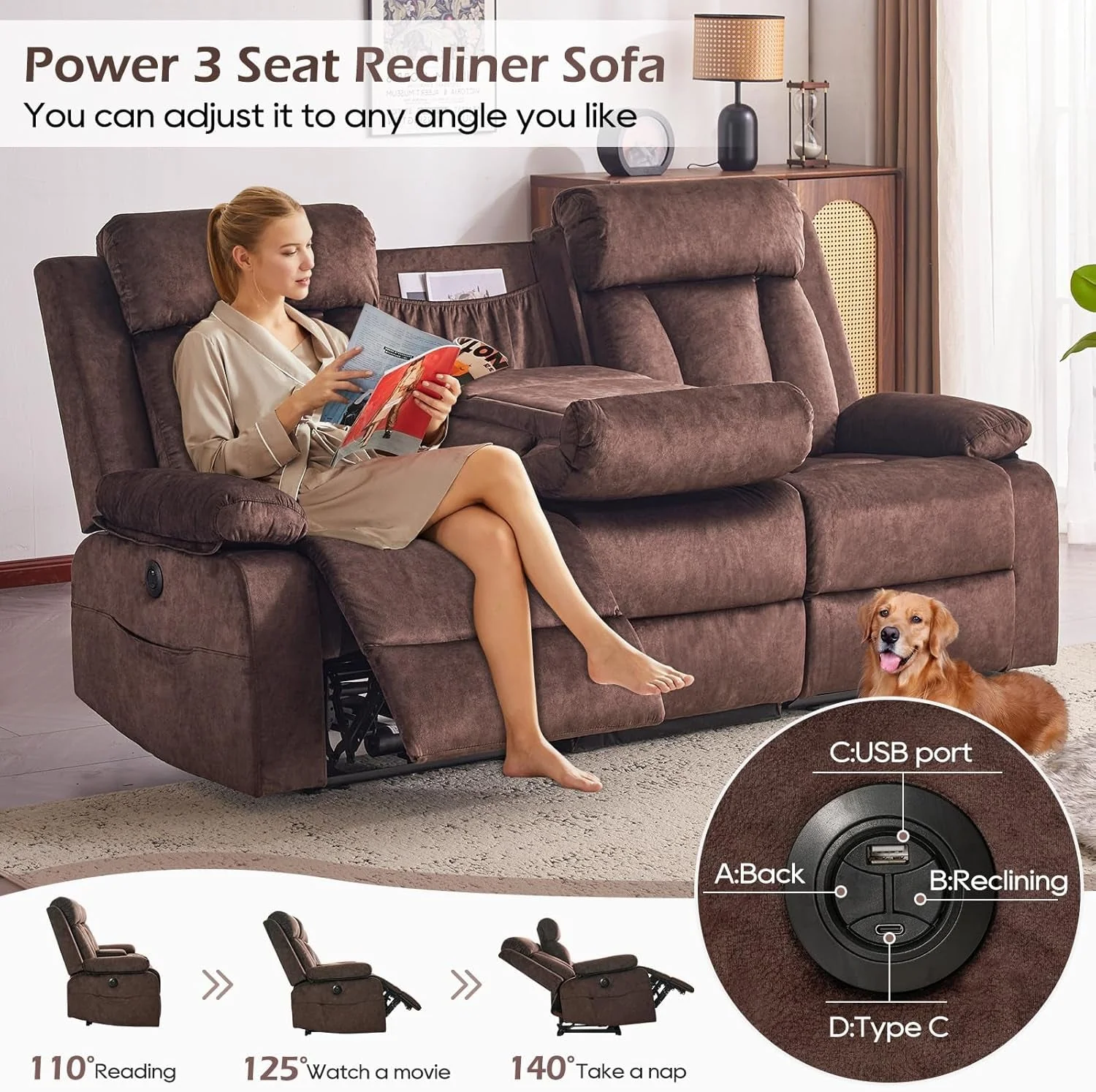 Convenient Power Reclining Sofa With Therapeutic Massage Heat Soft