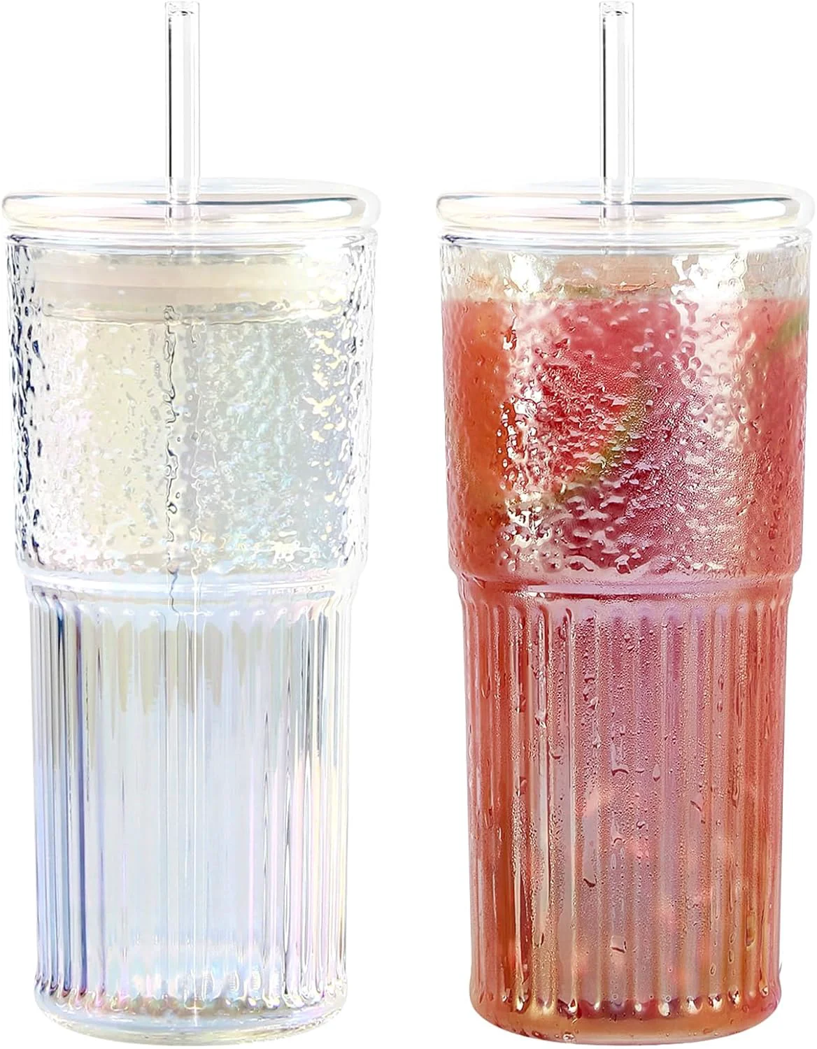 Exceptional Gosche 20oz Glass Cups with Straws and Lids Drinking Jar 2 Packs Iced Coffee Cups Glass Tumblers for Water Smoothie Milkshake Iridescent Luxury