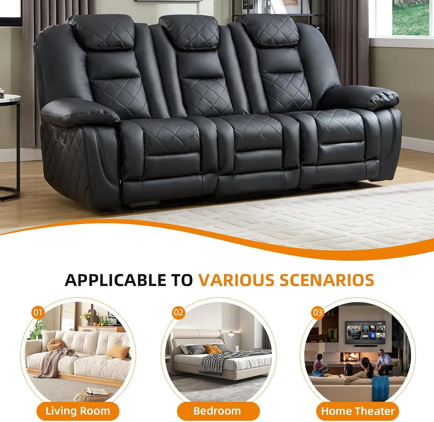 Unique Black Premium Faux Leather Motorized Reclining Sofa Environmentally Friendly