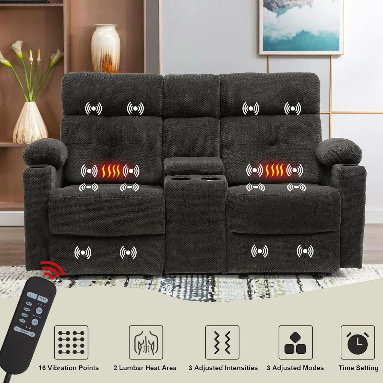 Trendy Power Reclining Loveseat With Console Heated Massage Fast