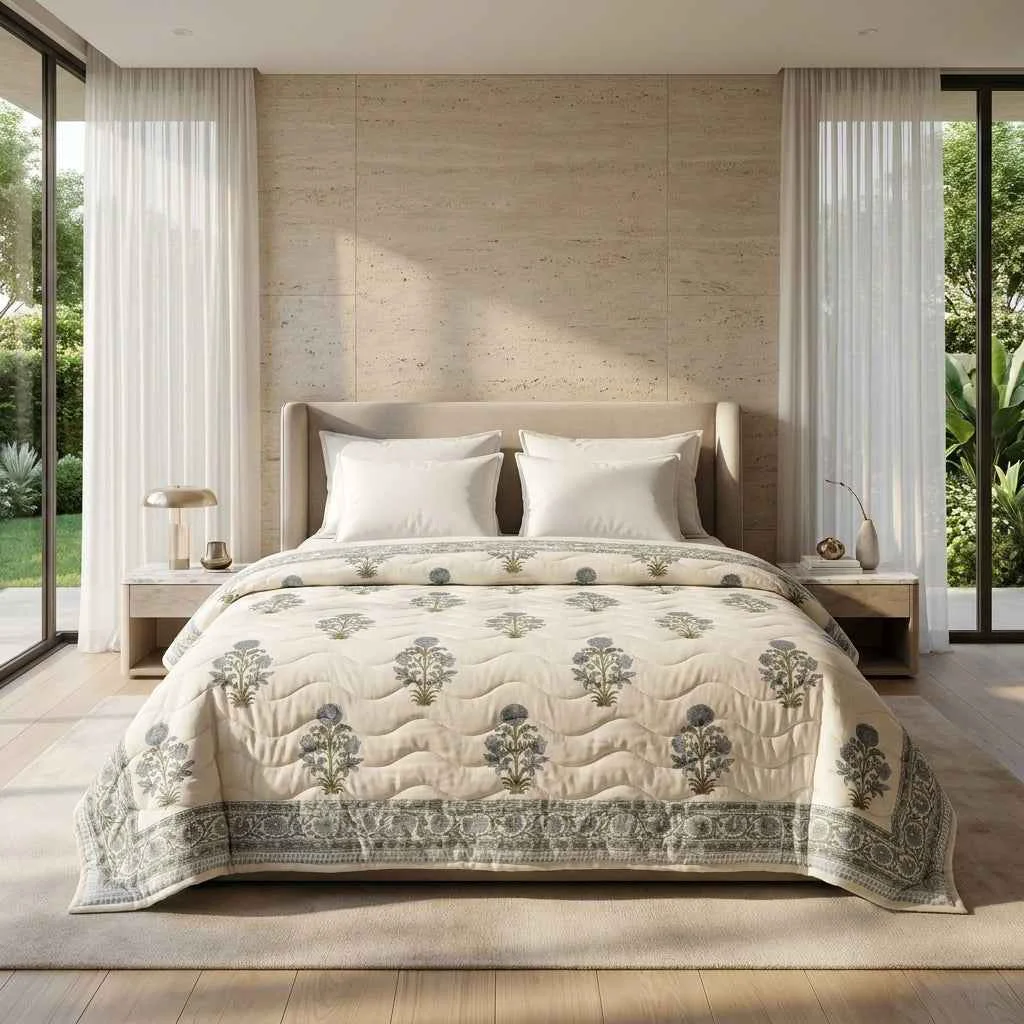 Relaxed Cream Dusty Blue Floral Jaipur Indian Hand Block Print Quilted Comforter Natural