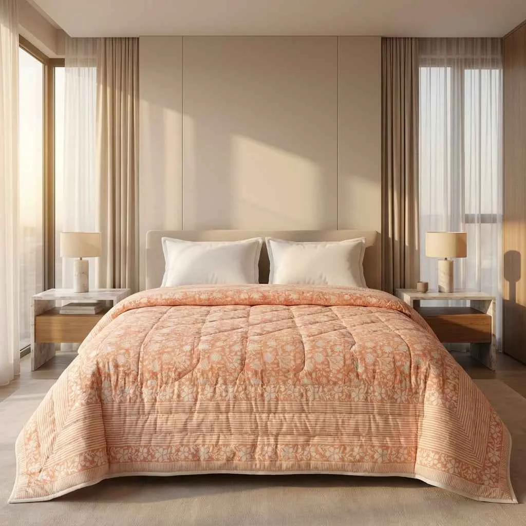 Exceptional Peach Cream Floral Jaipur Indian Hand Block Print Quilted Comforter Responsible