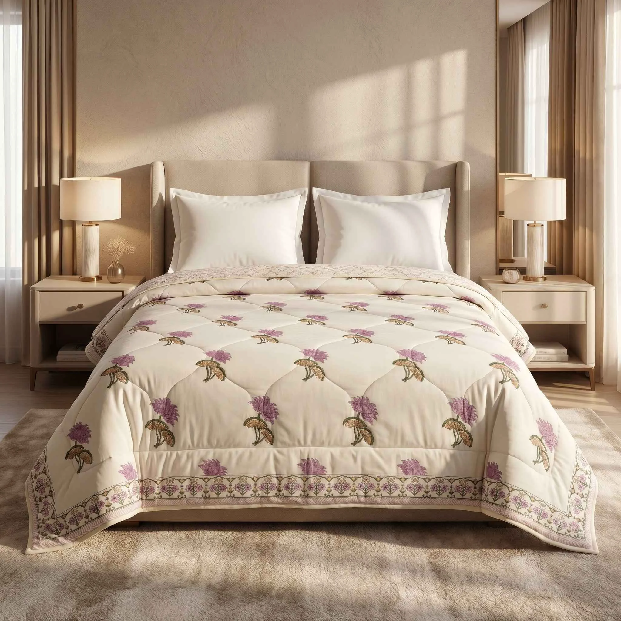 Fine Cream Mauve Floral Jaipur Indian Hand Block Print Quilted Comforter Contemporary
