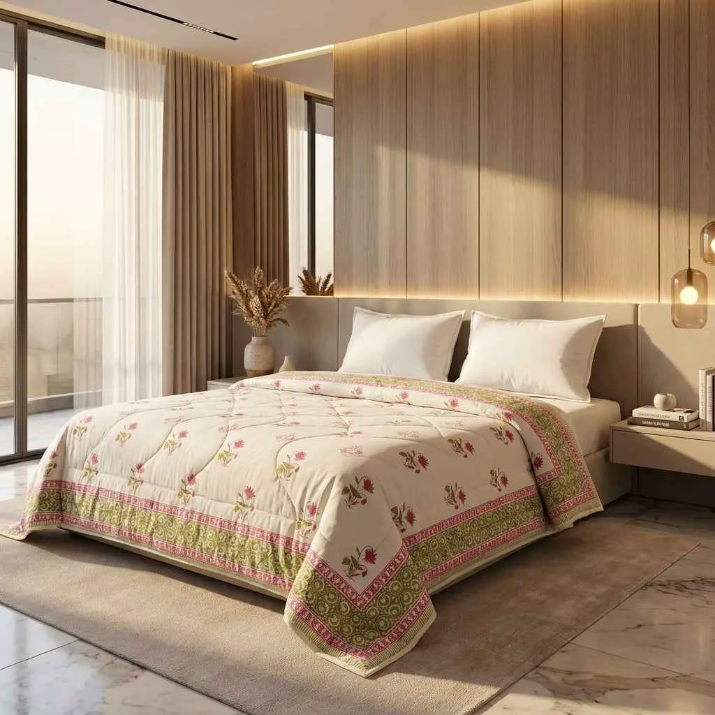 Sustainable Cream Deep Rose Olive Floral Jaipur Indian Hand Block Print Quilted Comforter Refined