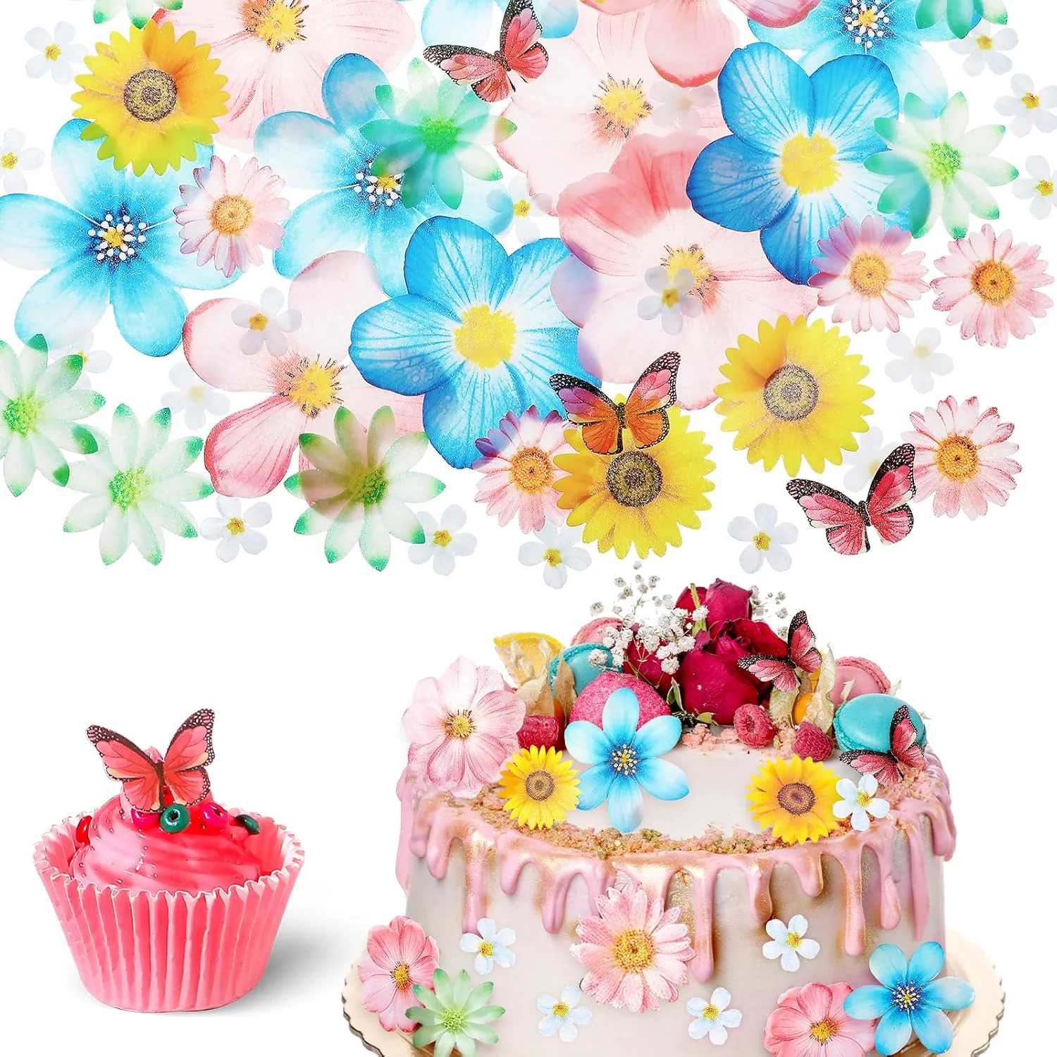 Optimized 55 Pcs Edible Flowers Butterflies Cake Decorations – Cupcake Toppers for Wedding Birthday Party Food Mixed Size Colour High-Grade