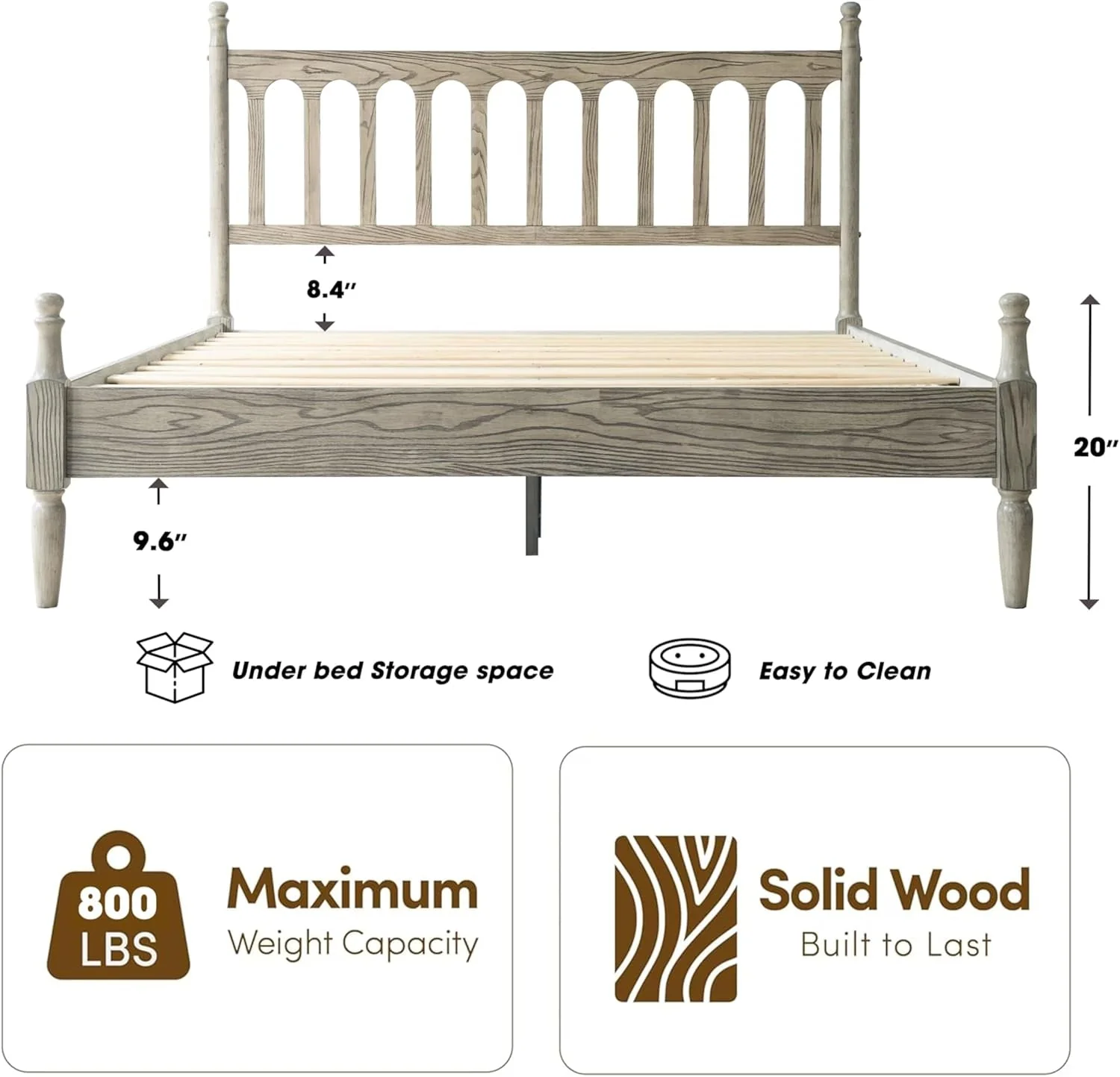 Soft Queen Platform Bed Frame Solid Wood Weathered GrayOak Convenient