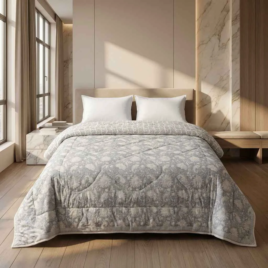 Consistent Soft Grey Cream Floral Jaipur Indian Hand Block Print Quilted Comforter Easy-to-Use