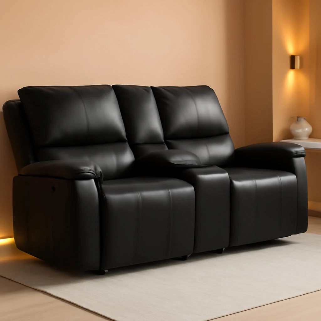 High-Grade Reclining Leather Loveseat With Console Cupholders Black Fast