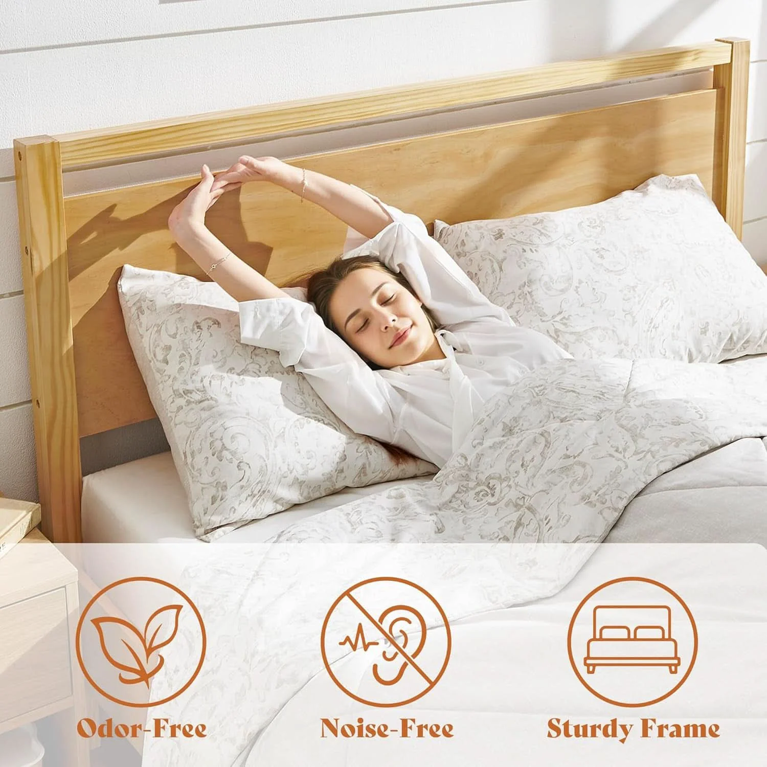 Healthy Queen Solid Pine Wood Platform Bed Frame Natural Finish Top-Quality