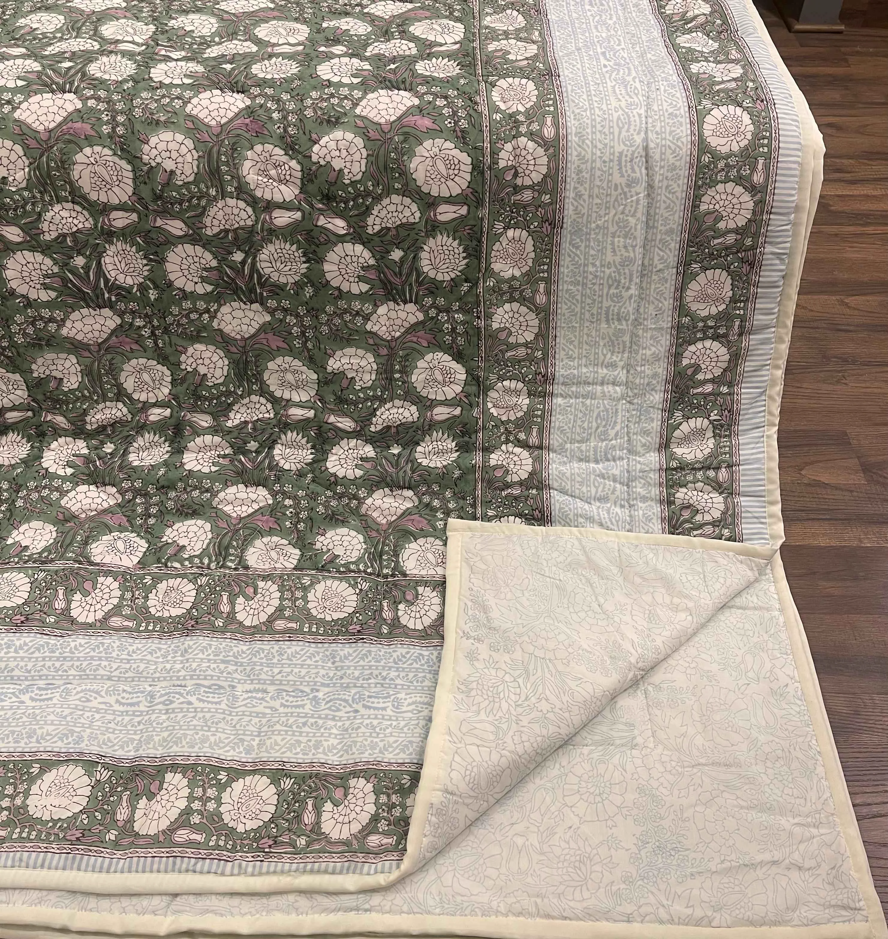 Detailed Cream Golden Yellow Rust Floral Jaipur Indian Hand Block Print Quilted Comforter Crafted