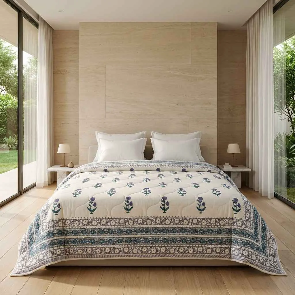 Refined Cream Indigo Blue Floral Jaipur Indian Hand Block Print Quilted Comforter Professional