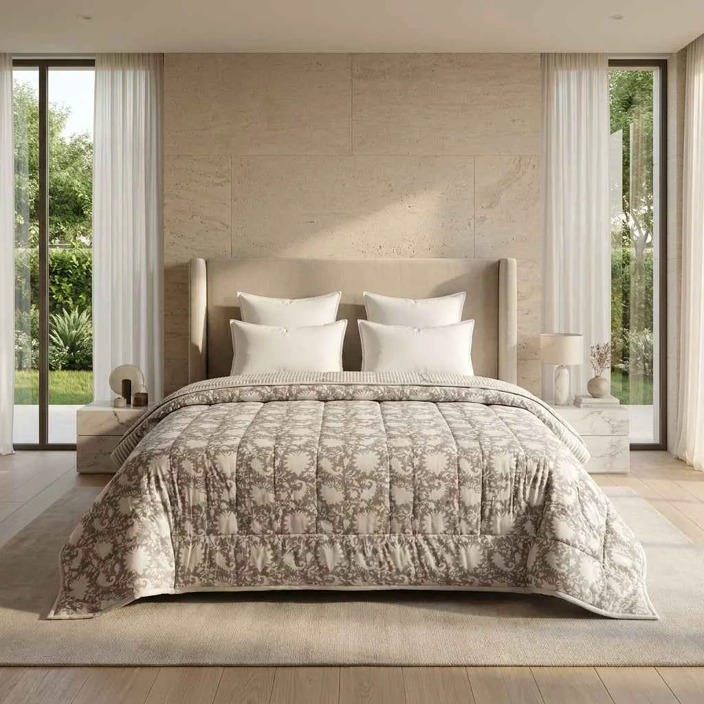 Premium Cream Rust Purple Floral Jaipur Indian Hand Block Print Quilted Comforter Genuine