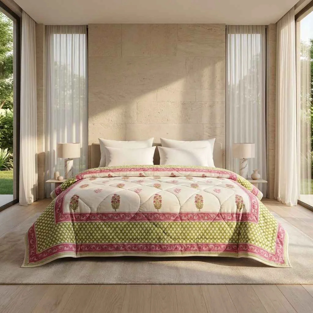 Minimalist Cream Deep Rose Floral Jaipur Indian Hand Block Print Quilted Comforter Classic