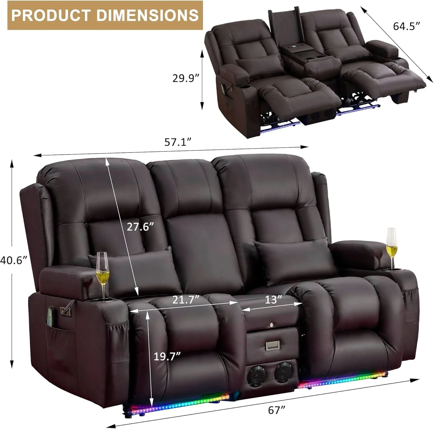 Traditional Dark Brown Power Reclining Loveseat Heated Massage Prestigious