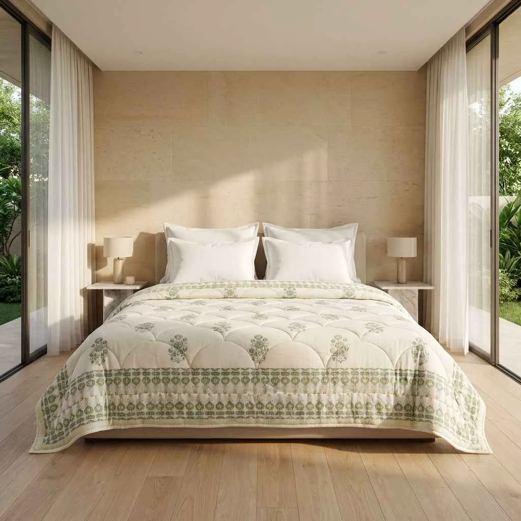 Next-Generation Sage Green Cream Mauve Floral Jaipur Indian Hand Block Print Quilted Comforter Fine