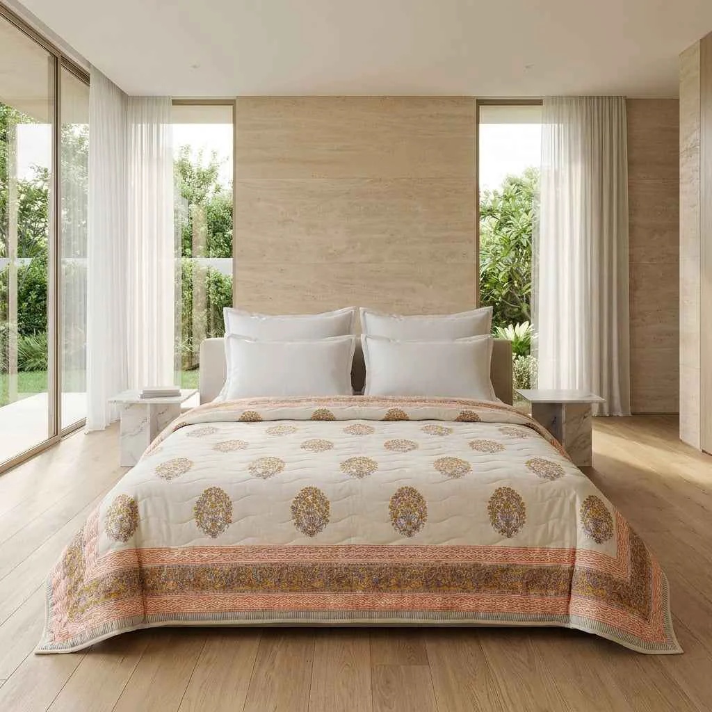 Long-Lasting Cream Sage Green Rose Pink Floral Jaipur Indian Hand Block Print Quilted Comforter Sustainable