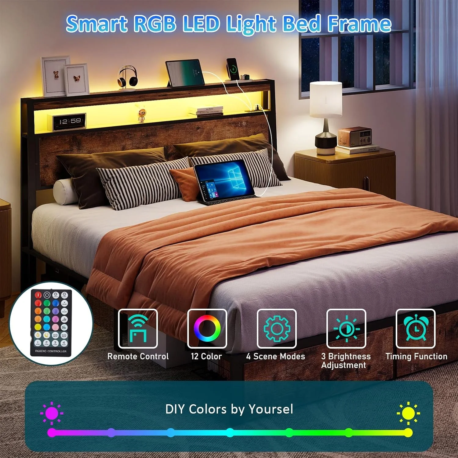 High-Performance Full Size Bed Frame With Storage Drawers Charging Station Healthy