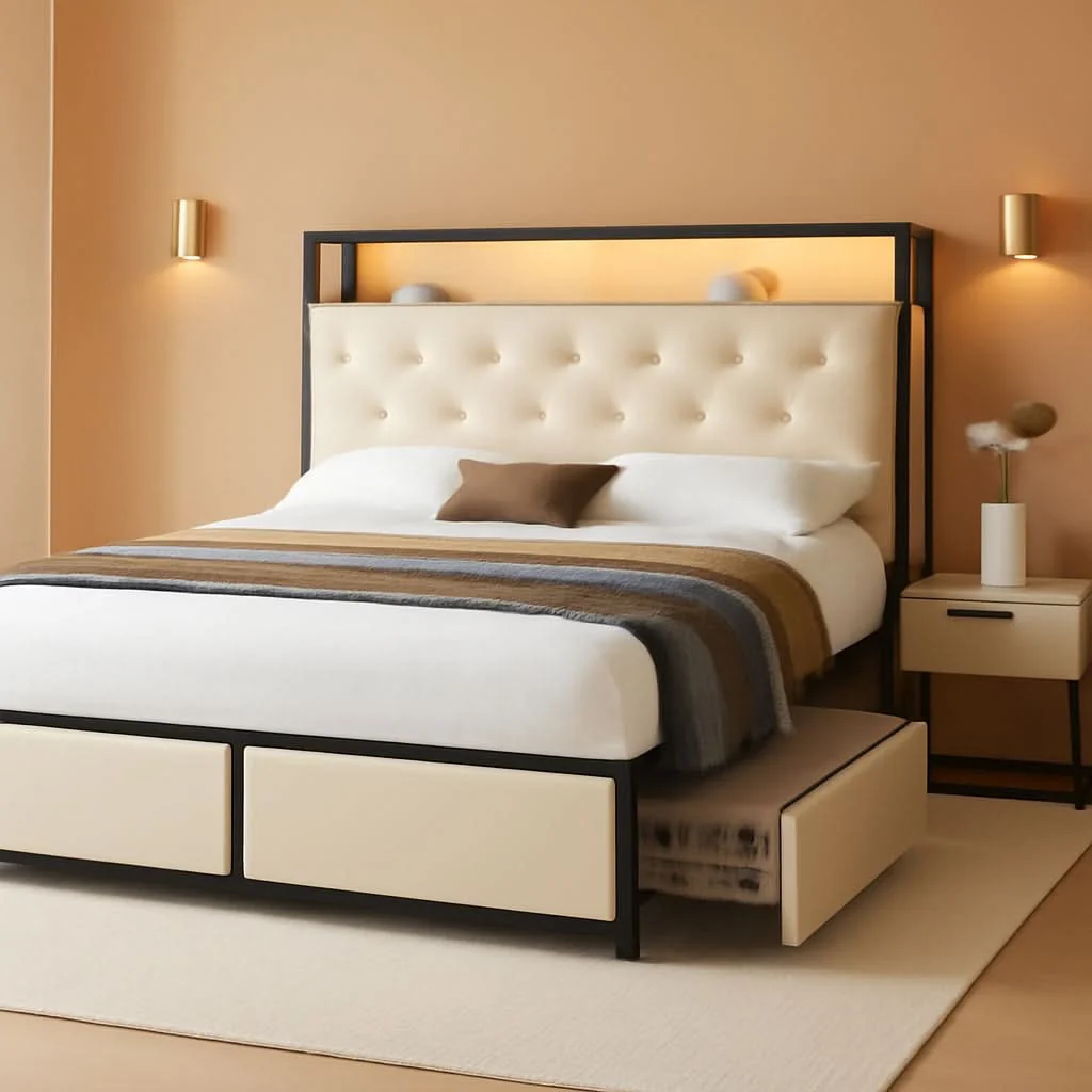 Stylish Beige Velvet Platform Bed Frame With Storage Drawers Included Clean