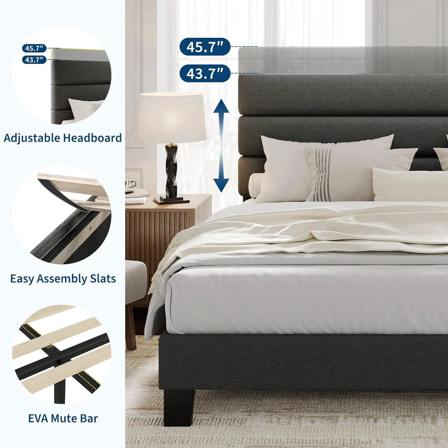 Fashionable King Size Bed With Adjustable Headboard In Dark Grey Fast