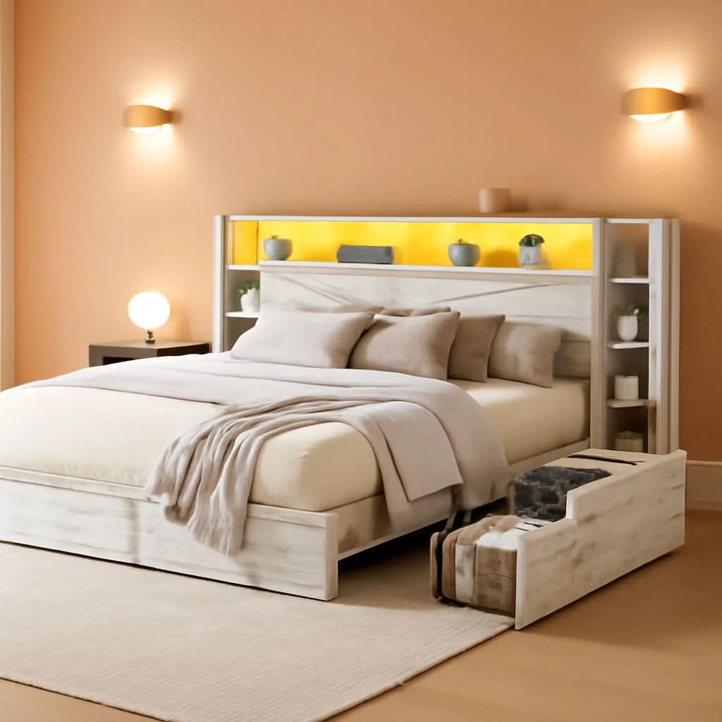 Specialty White Queen Bed Frame Featuring Book case Head board Powerful