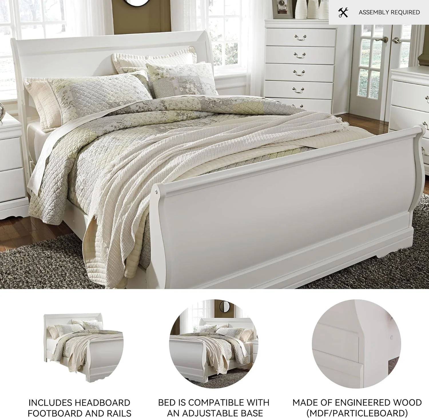 User-Friendly Queen White Louis Philippe Sleigh Bed Frame With Slats Casual