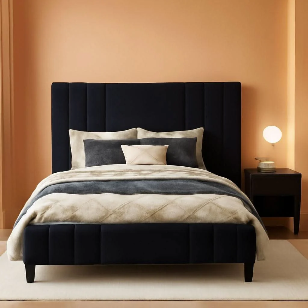 Elegant Velvet Queen Platform Bed Frame With Tufted Black Headboard Certified