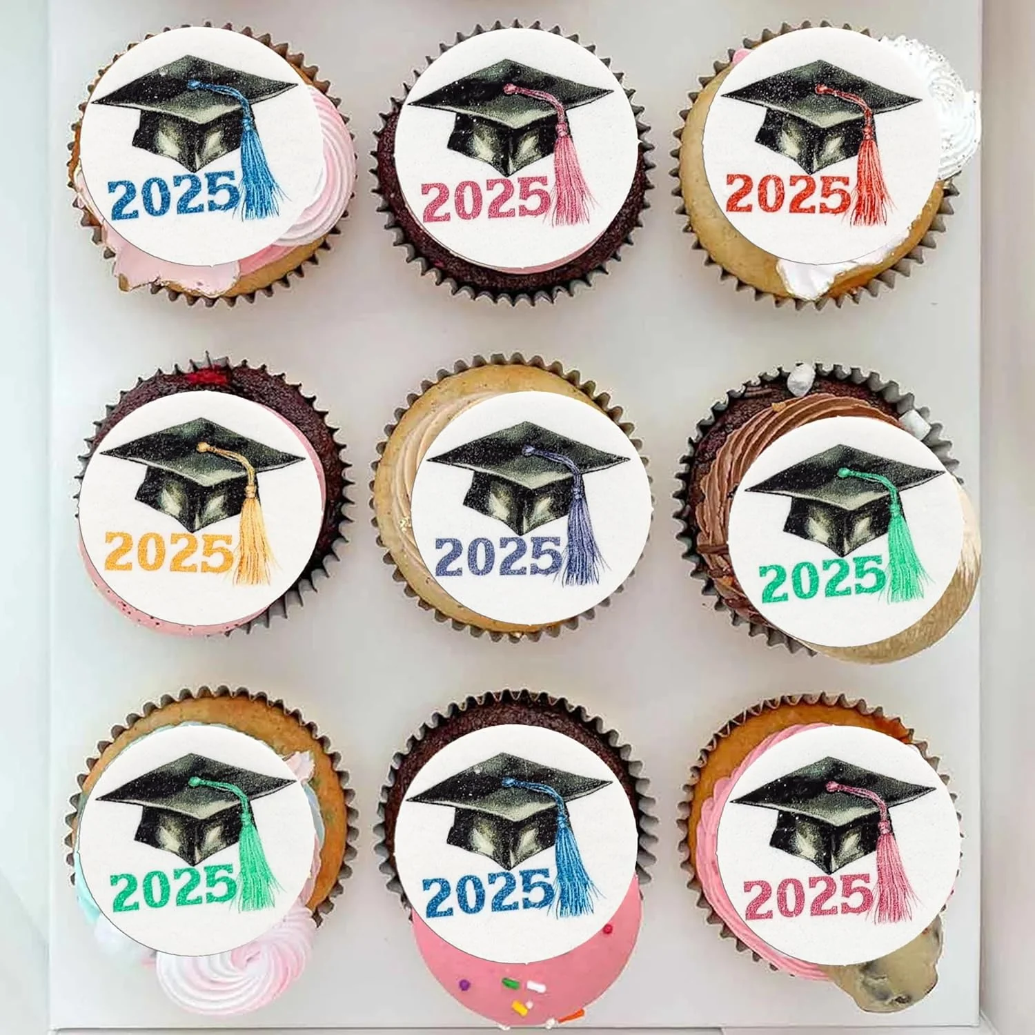 Reusable Gyufise 48Pcs Edible 2025 Graduation Theme Cupcake Toppers Wafer Paper Graduate Hat Grad Cap Cupcake Picks 2025 Students Graduation Theme Party Cake Minimalist