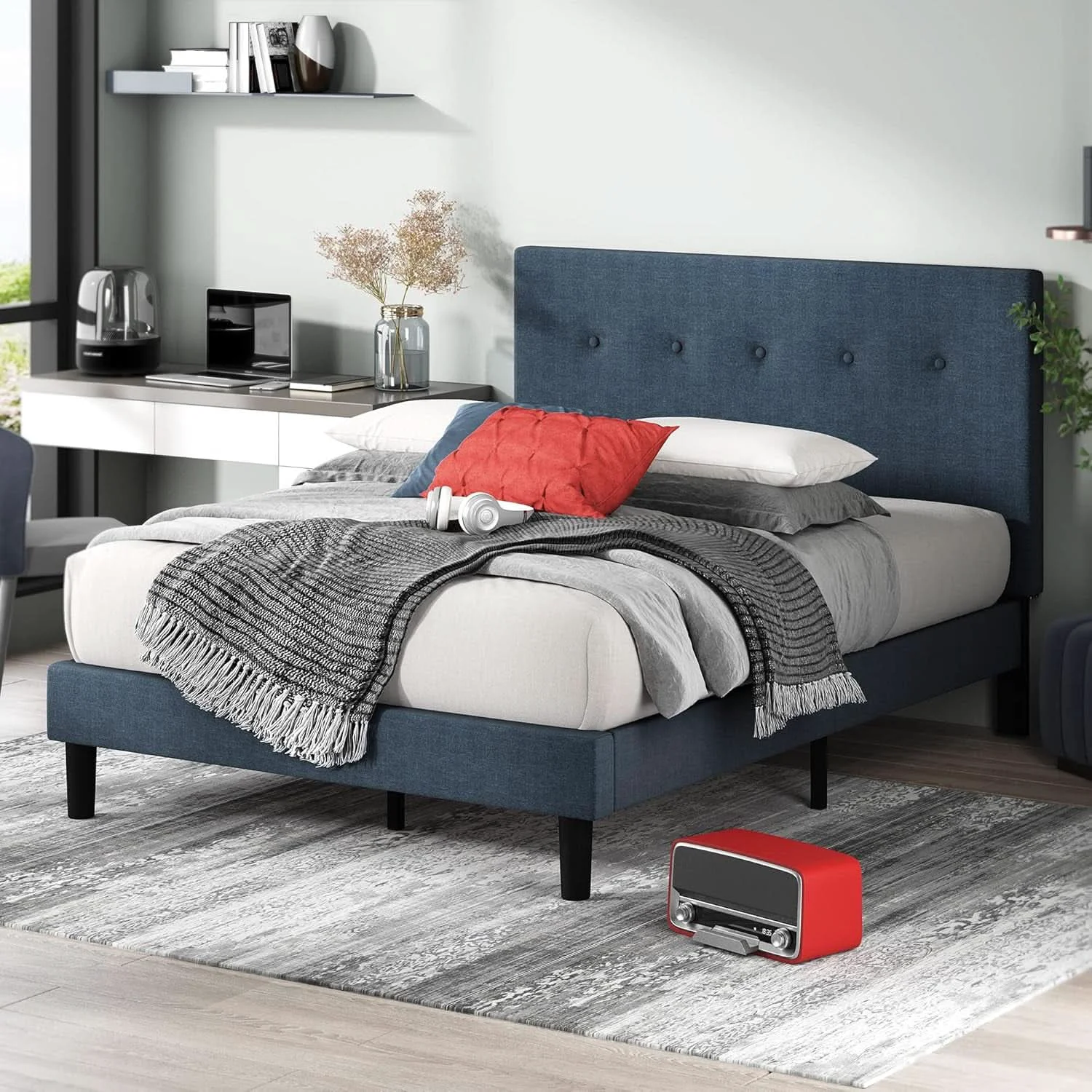 Outstanding Omkaram Navy Upholstered Platform Bed Frame No Box Spring High-Quality