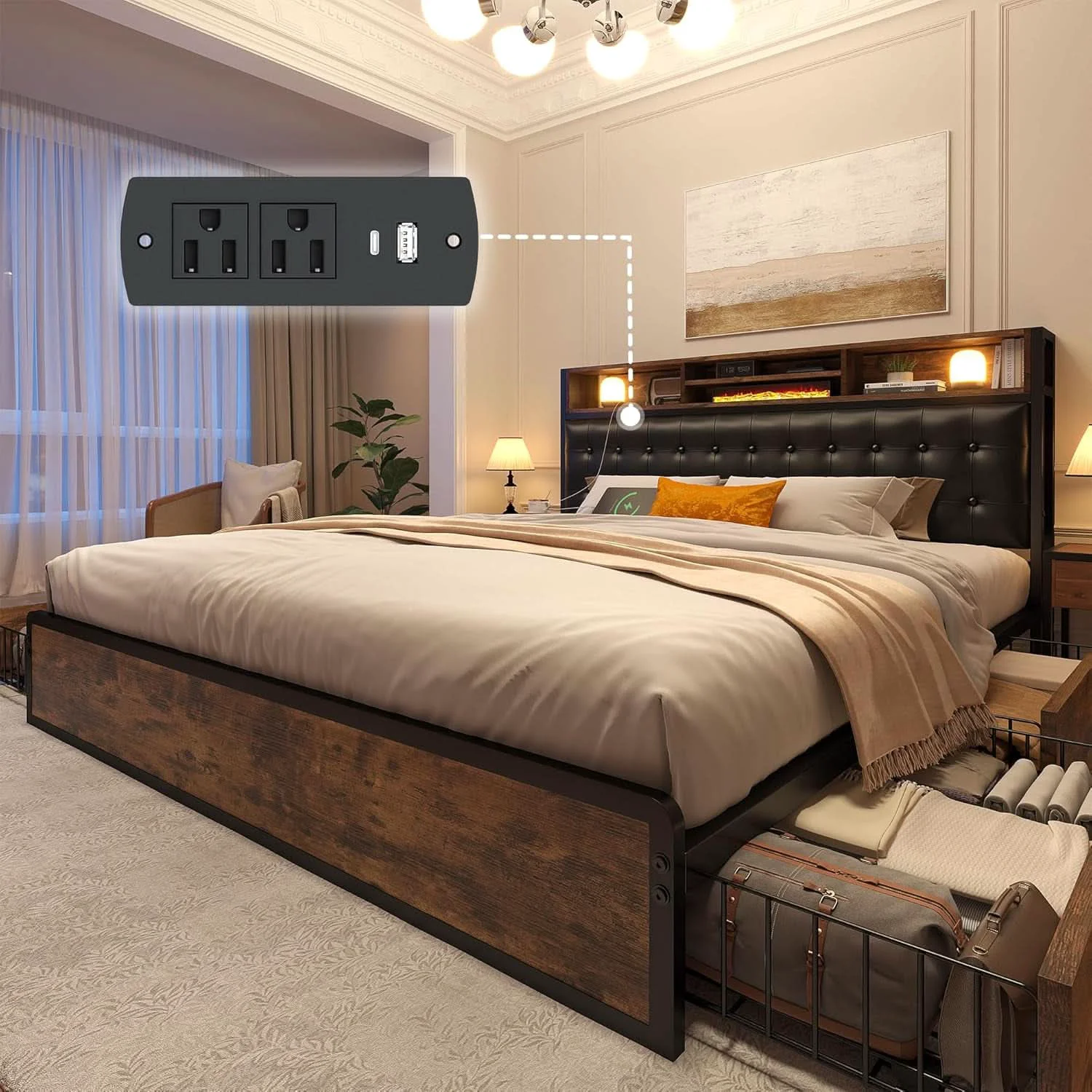Quality Queen Bed Frame With 4 Storage Drawers And Charging Station Solid