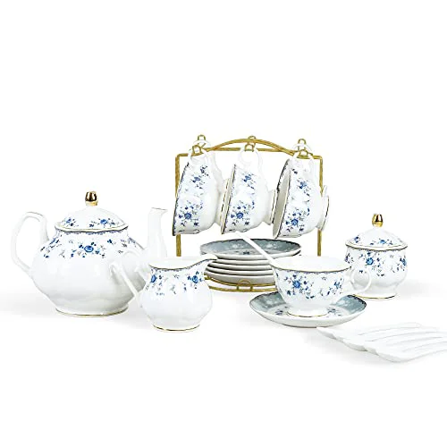 Casual 15 Piece British Blue Rose Porcelain Tea Set Sophisticated