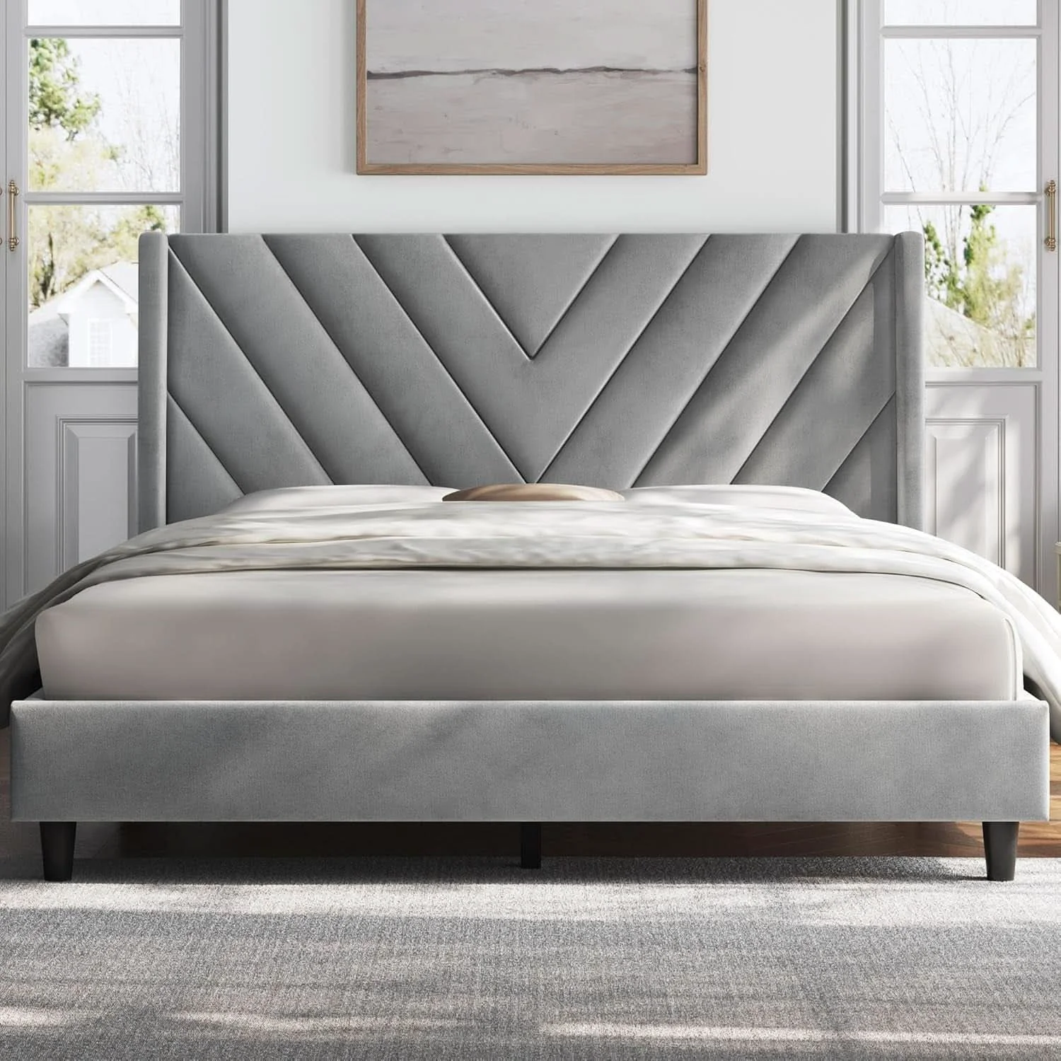 Certified Queen Upholstered Bed Frame With Winged Tufted Headboard Light Gray Dependable
