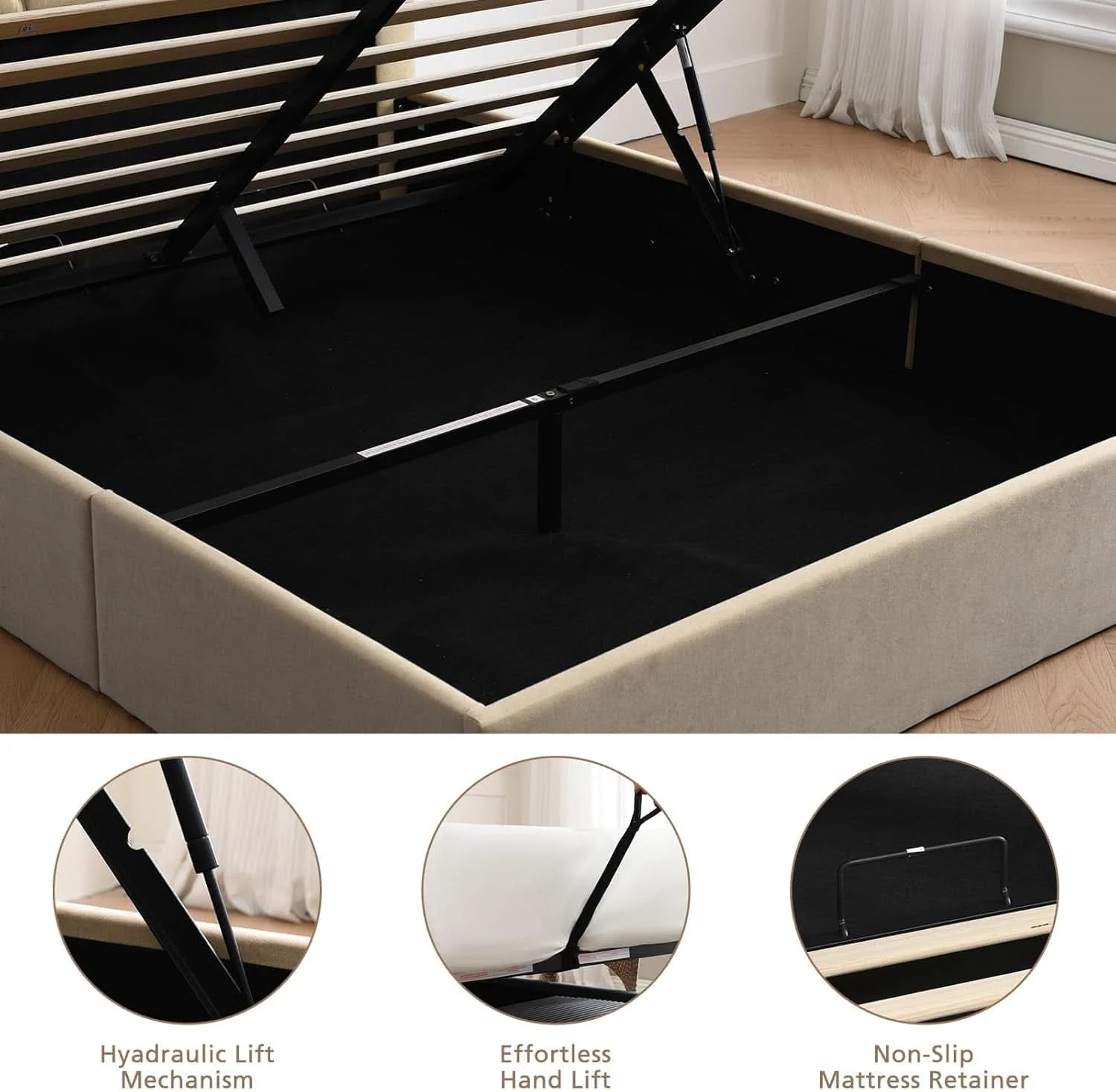Official Queen Size Hydraulic Lift Storage Bed Beige Linen Upholstered Relaxed