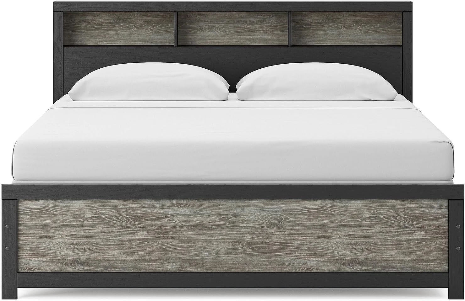 Dependable King Bed Frame With Bookcase Headboard Warm Gray Matte Black Fashionable