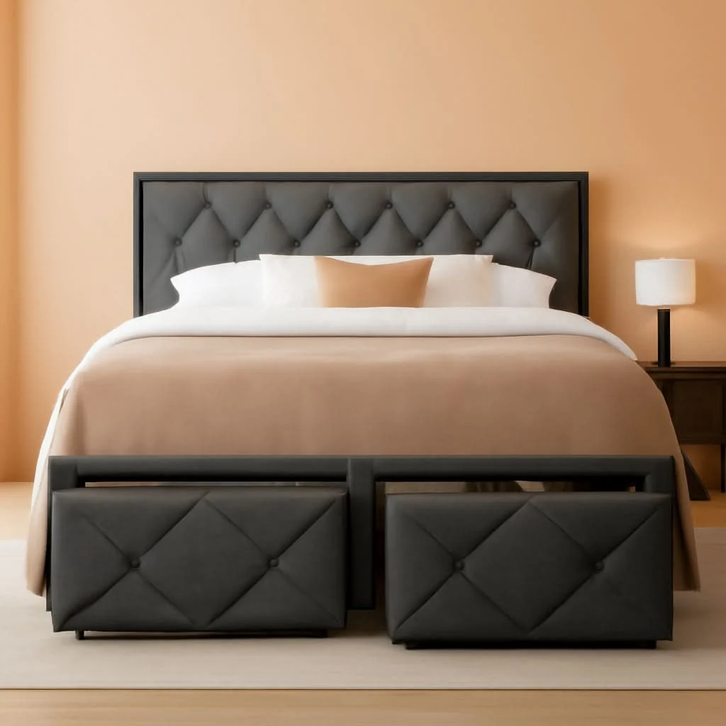 Elegant Full Size Bed Frame With Grey Storage Drawers USB Ports Specialty
