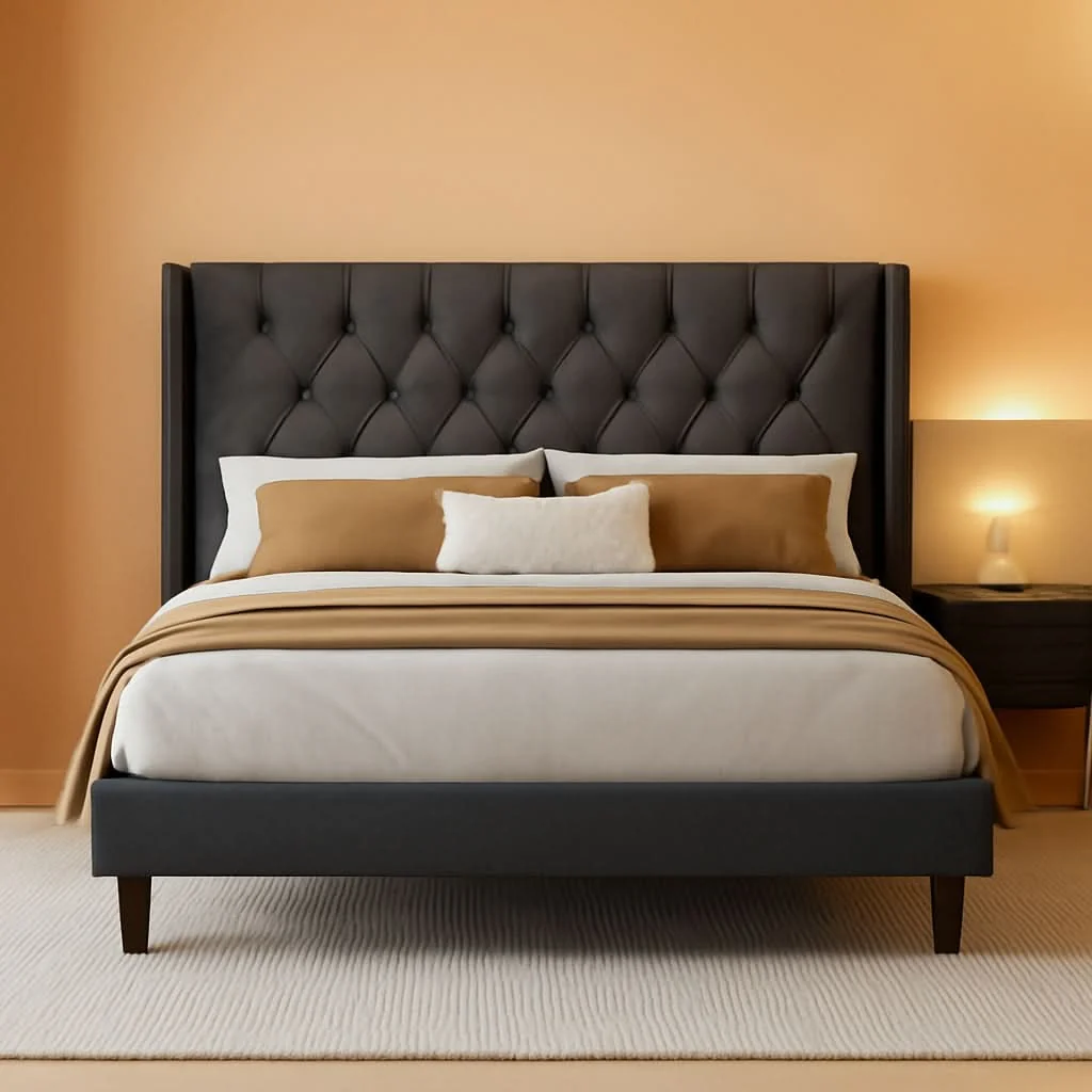 Crafted Queen Size Upholstered Wing back Platform Bed Dark Grey Natural