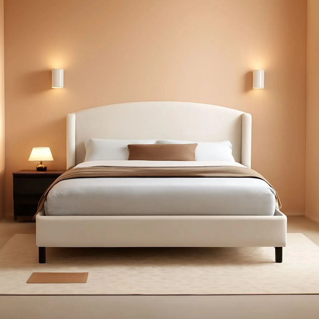 Carefully Designed King Size Beige Upholstered Wing back Platform Bedframe Excellent