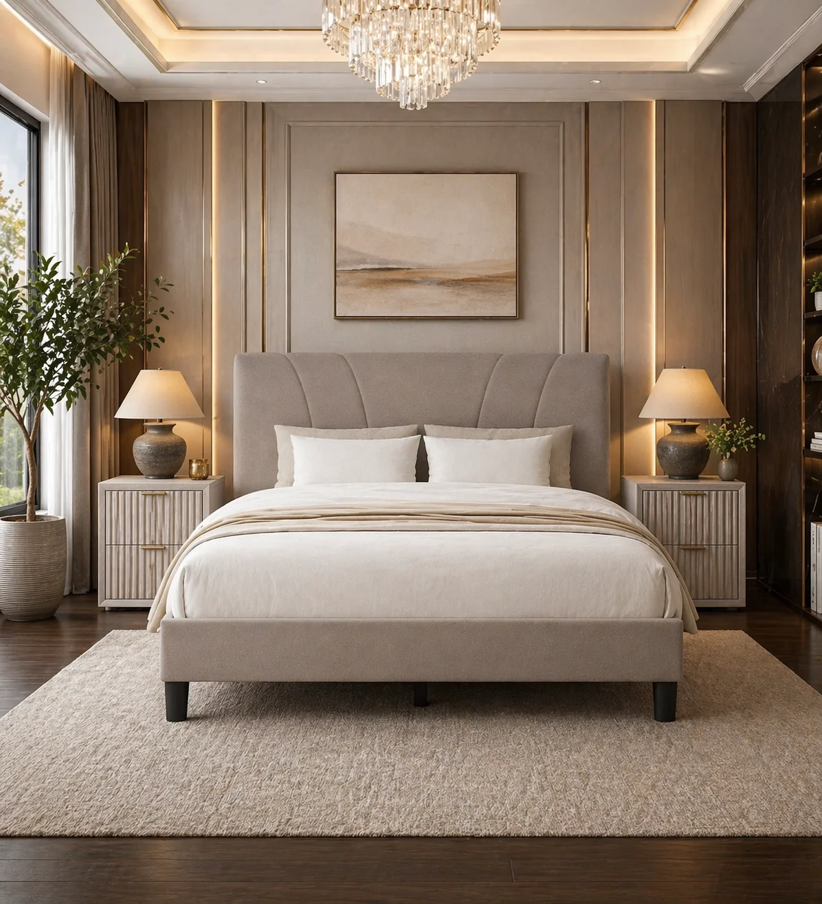 World-Class King Upholstered Platform Bed with Adjustable Headboard 2 Fluted Whi Lightweight