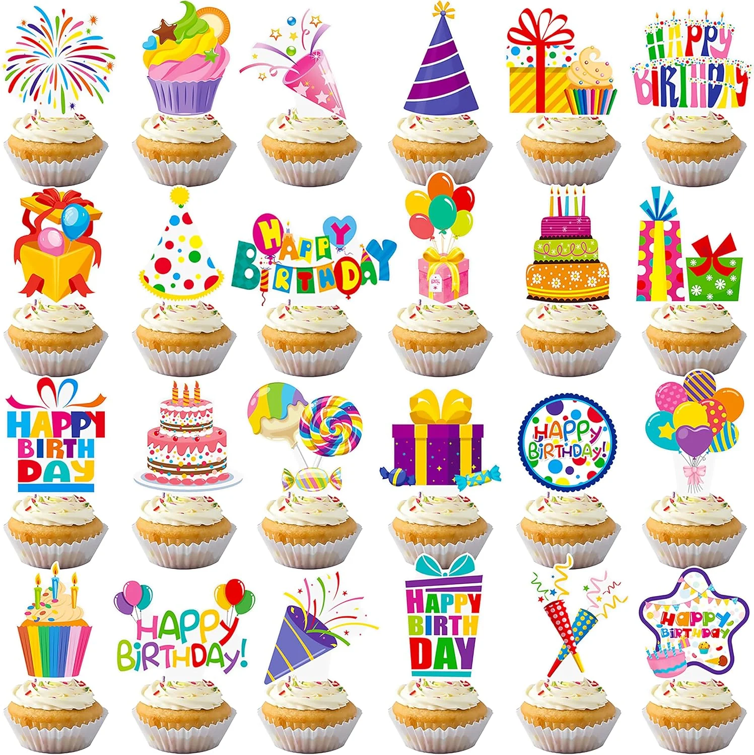 Premium Material 48pcs Happy Birthday Cupcake Toppers Colorful Birthday Cupcake Picks Decorations for Boy Girl Birthday Party Supplies Safe