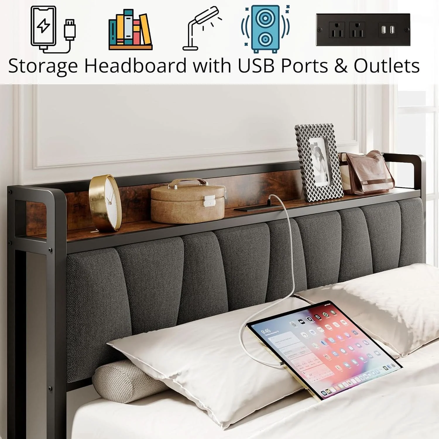 Elite King Size Bed Frame With Storage Headboard And USB Charging Ports Effective