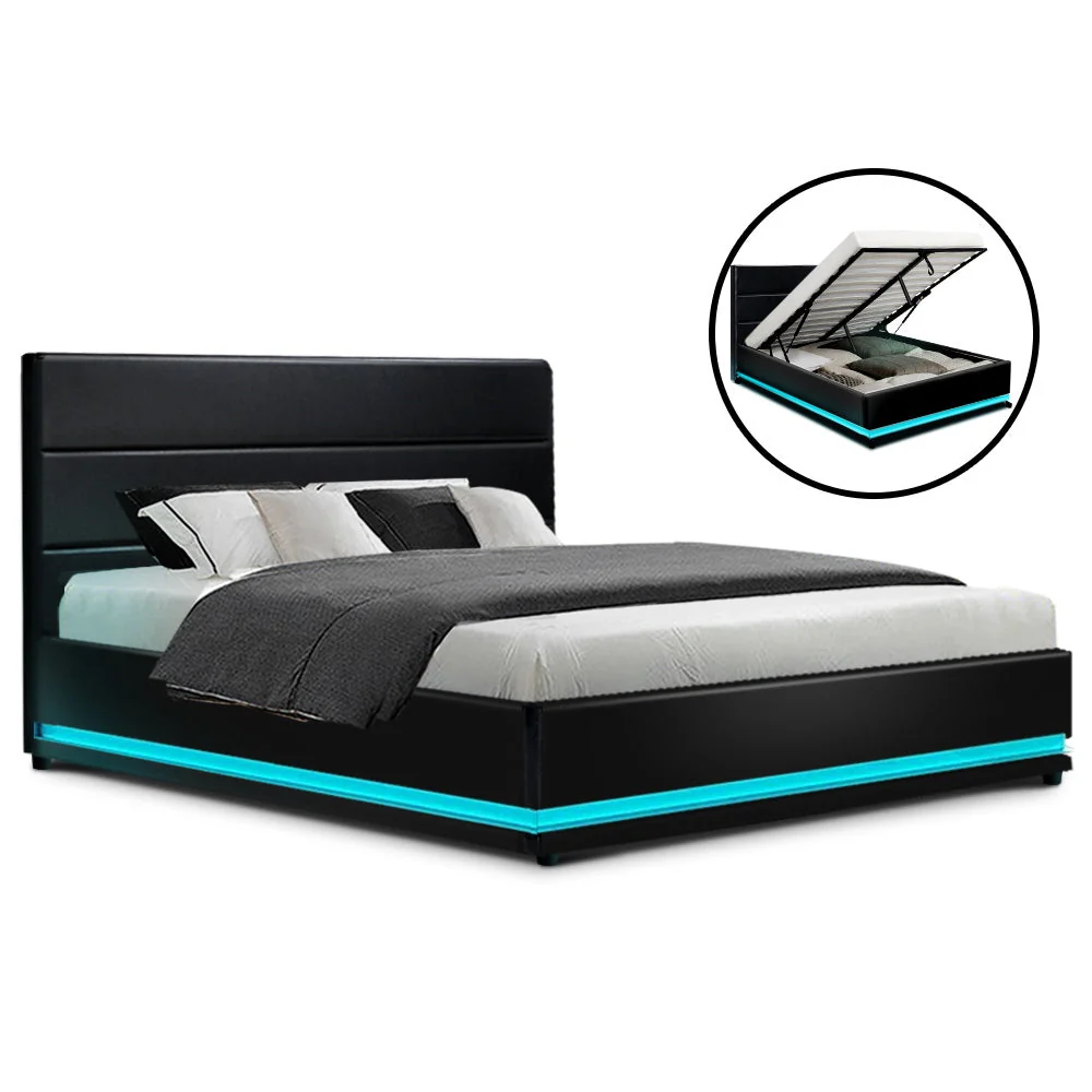 Enhanced Artiss Bed Frame Double Size LED Gas Lift Black LUMI Elite