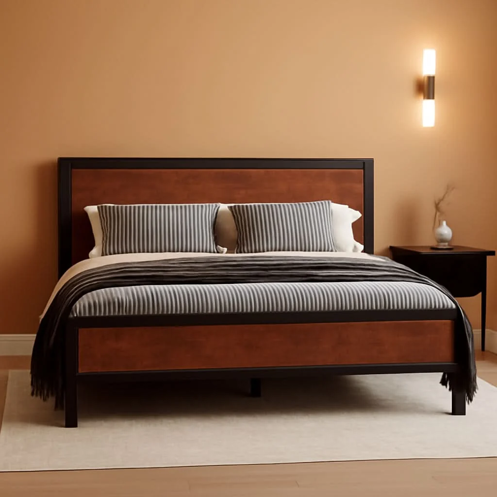 Natural 14 Inch King Size Metal Platform Bed Frame with Wooden Headboard and F Stylish
