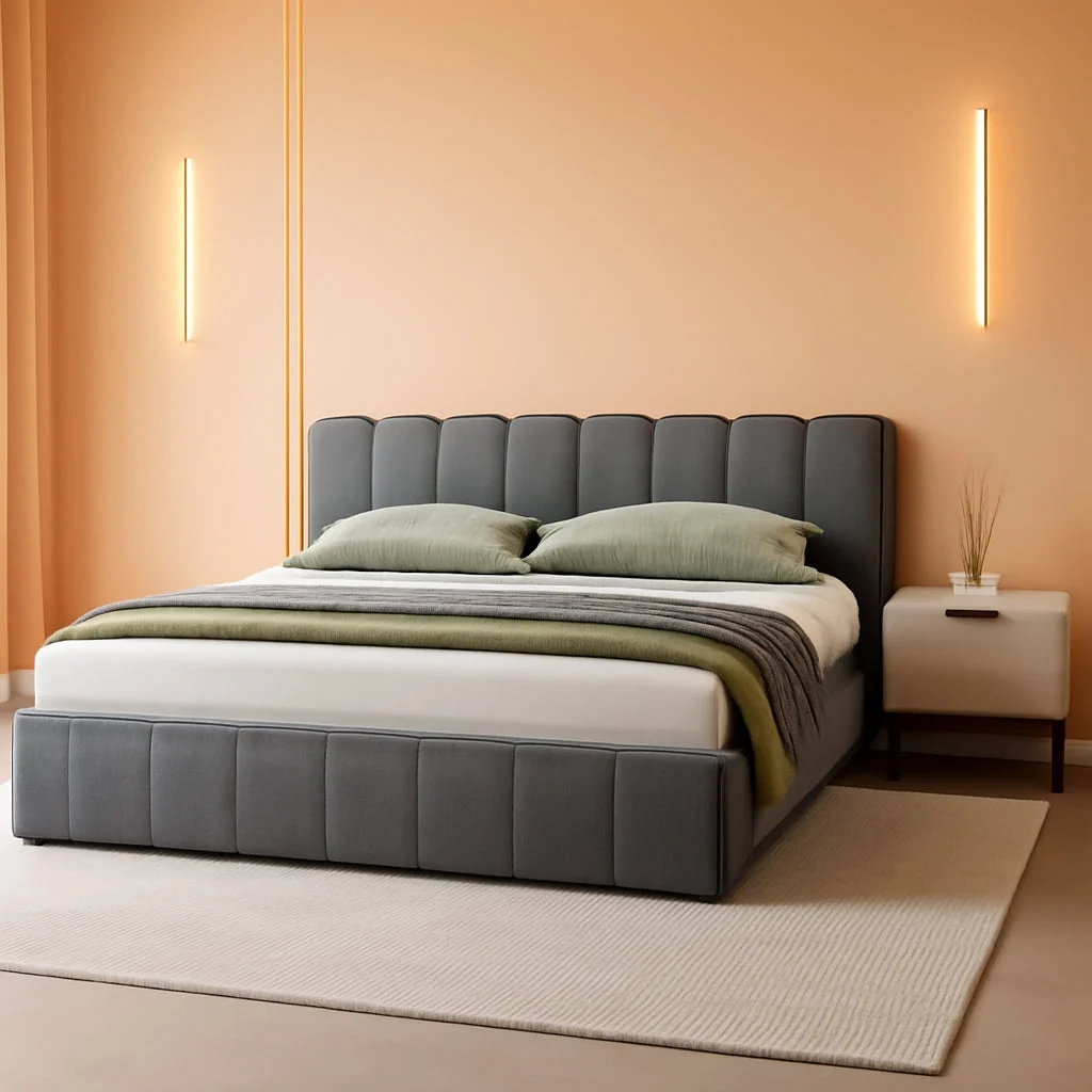 Minimalist King Size Gray Chenille Upholstered Platform Bedstead Natural