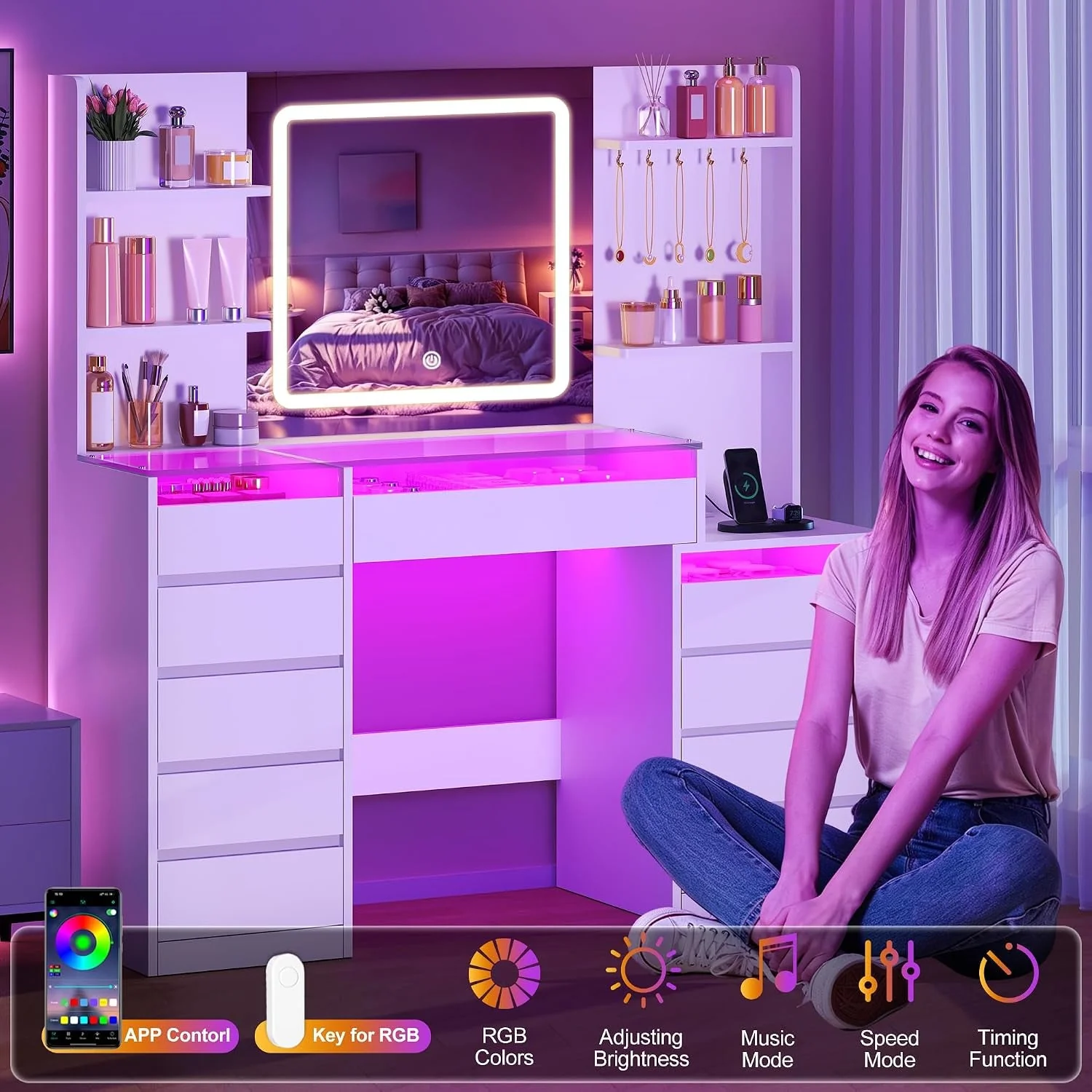 Breathable White Makeup Vanity With RGB Multicolor Illumination High-Quality