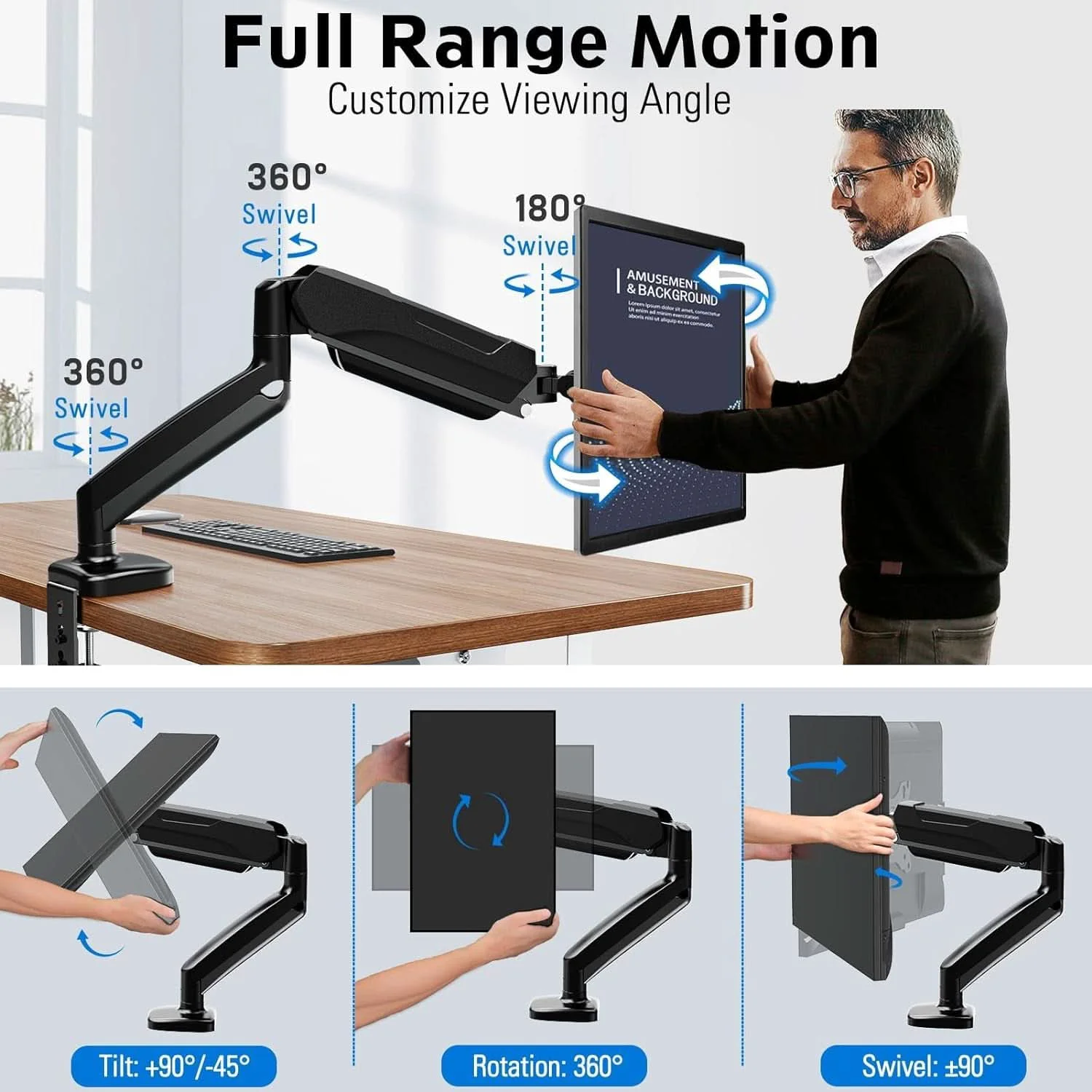 Quality 32 Inch Gas Spring Monitor Arm With Clamp VESA Black Fast