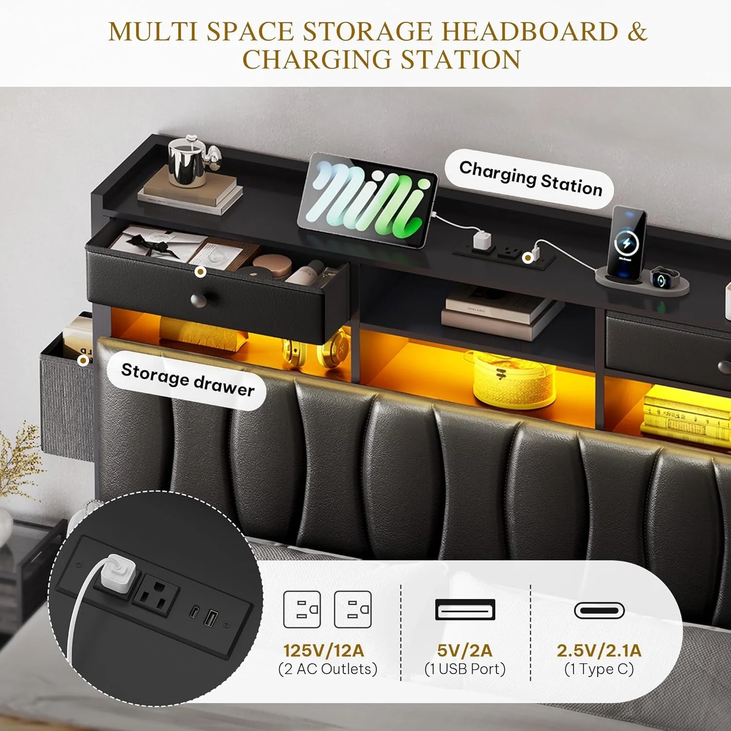 Clean King Size Headboard Storage Black PU Leather Drawers Optimized